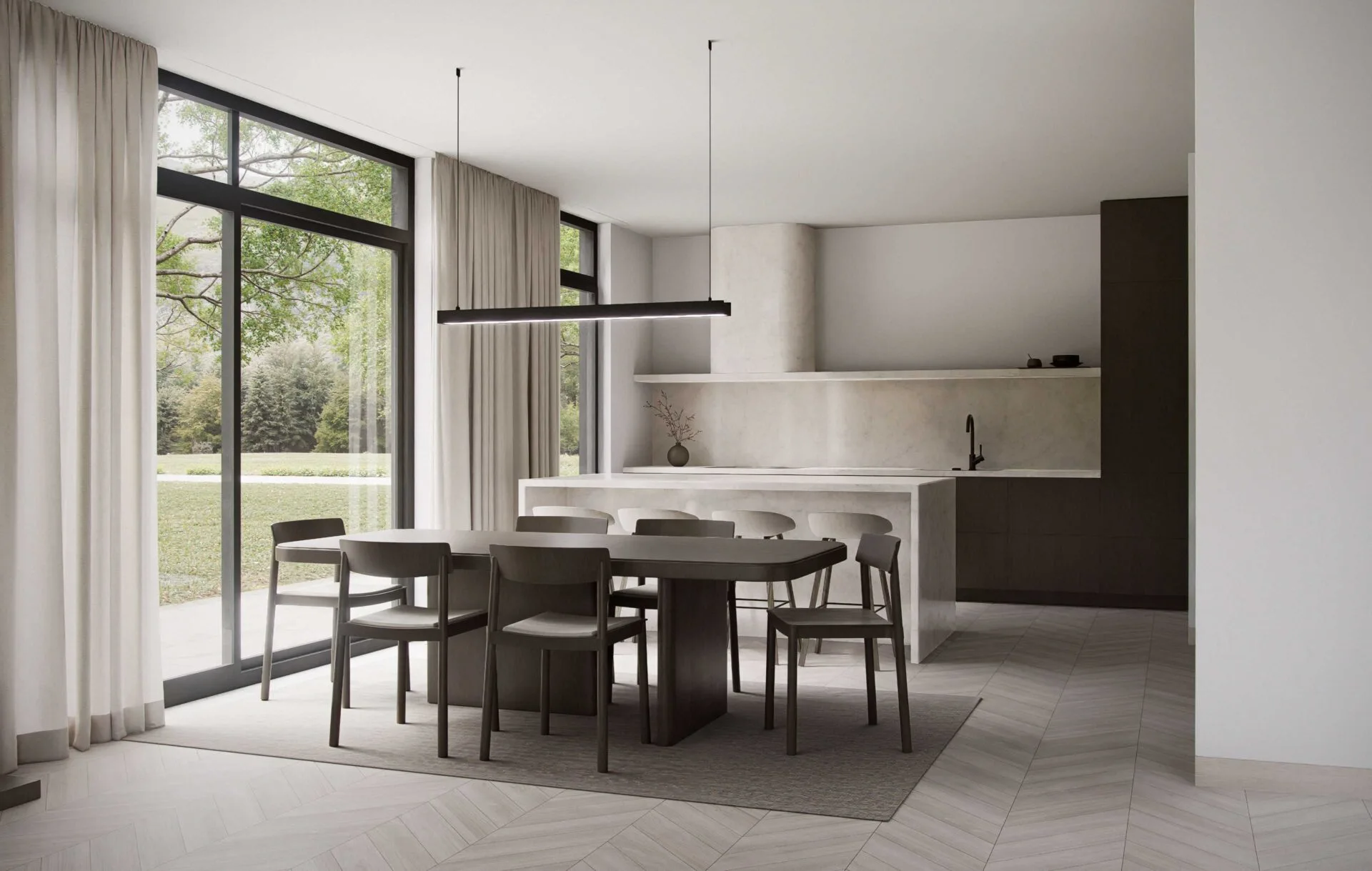 Lumina kitchen and dining area with floor-to-ceiling windows, minimalist cabinetry, and a stone island in a modern Scandinavian open-plan layout