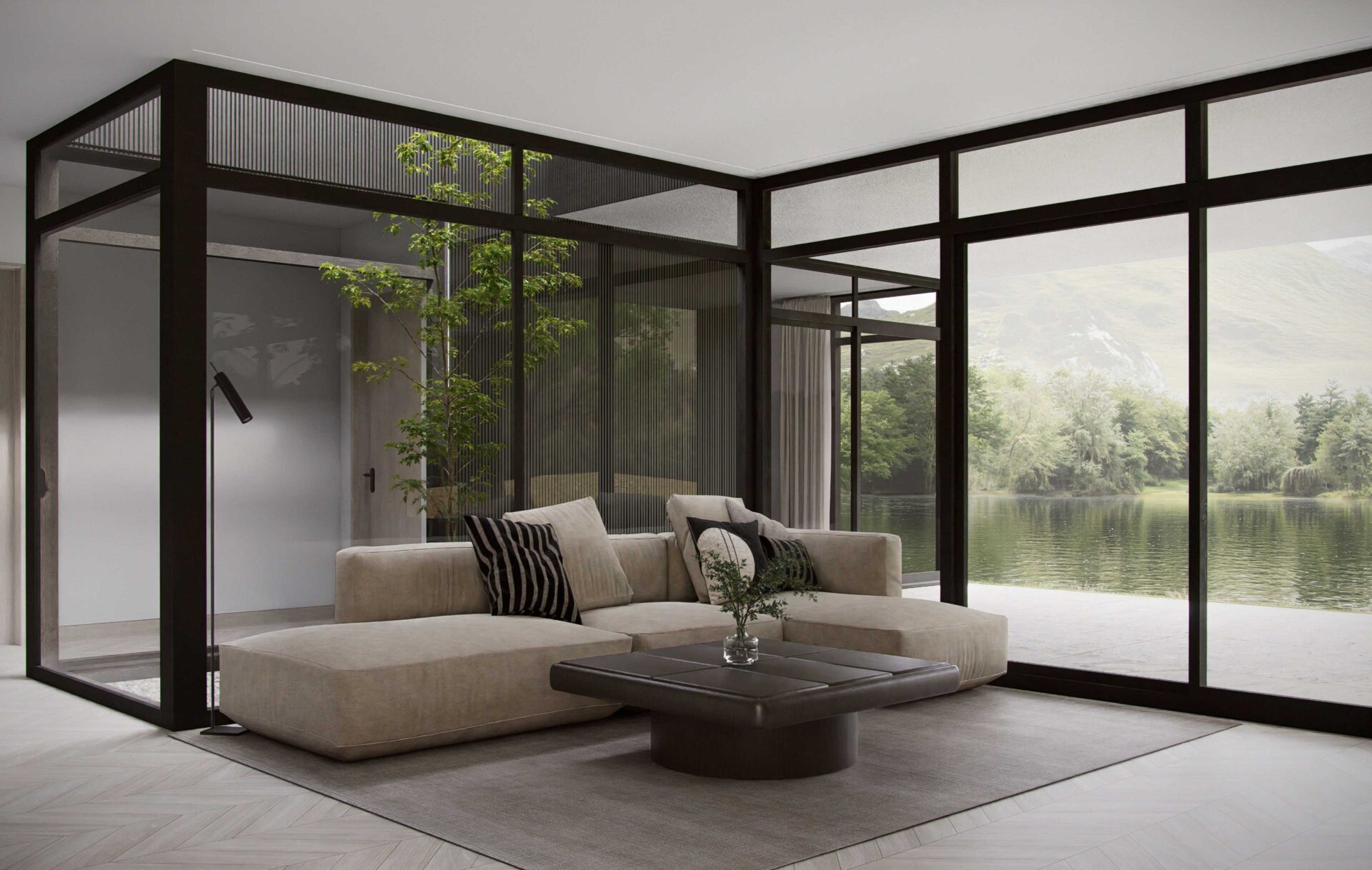 Lumina living room with floor-to-ceiling windows, covered terrace access, and an internal courtyard bringing natural light