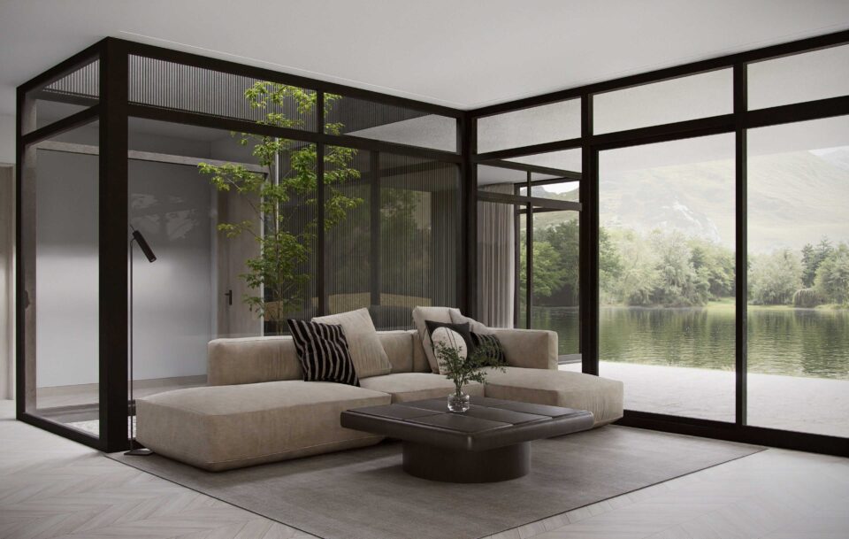 Lumina living room with floor-to-ceiling windows, covered terrace access, and an internal courtyard bringing natural light