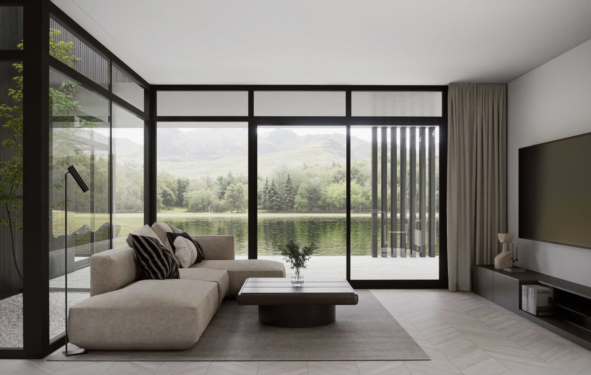Lumina living room with floor-to-ceiling windows overlooking a lake, opening to a covered terrace and a small courtyard
