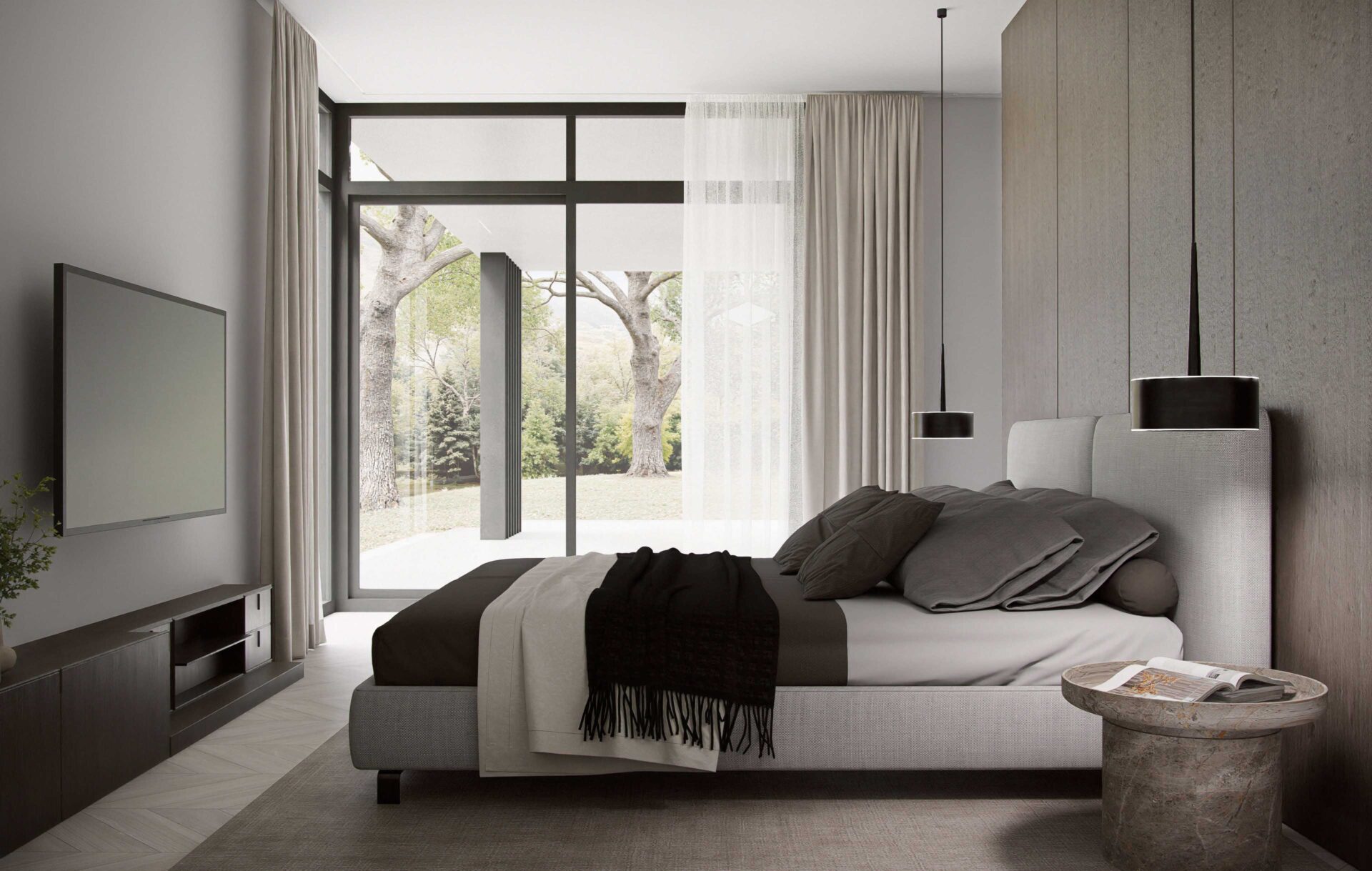 Lumina modern Scandinavian master bedroom with floor-to-ceiling windows and direct access to a covered outdoor terrace