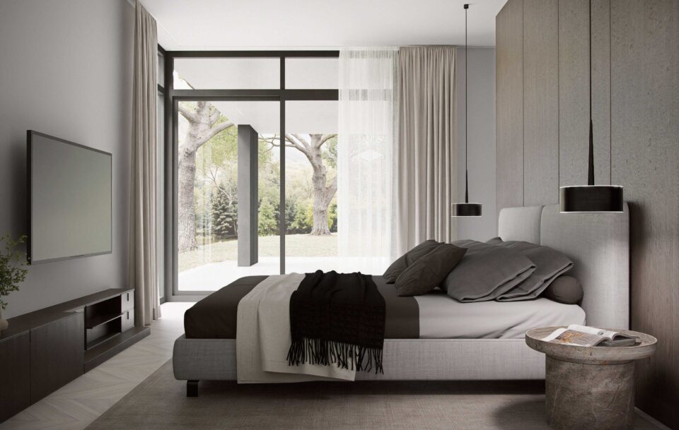 Lumina modern Scandinavian master bedroom with floor-to-ceiling windows and direct access to a covered outdoor terrace