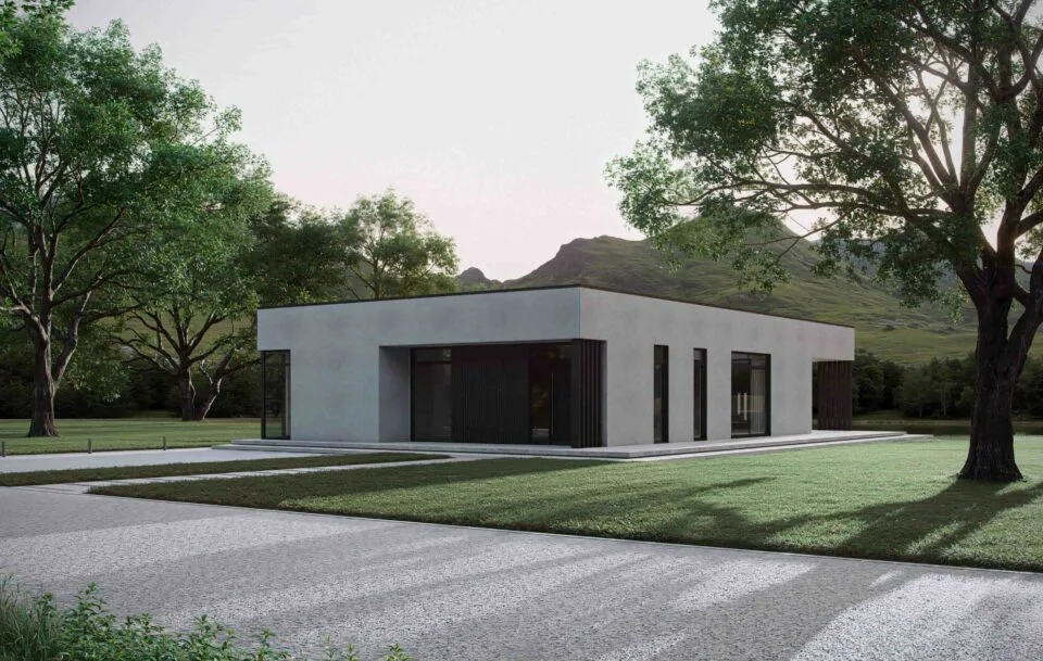 Lumina modern Scandinavian home showing the main and left-side facade with flat roof, large windows, and minimalist stucco with dark cladding