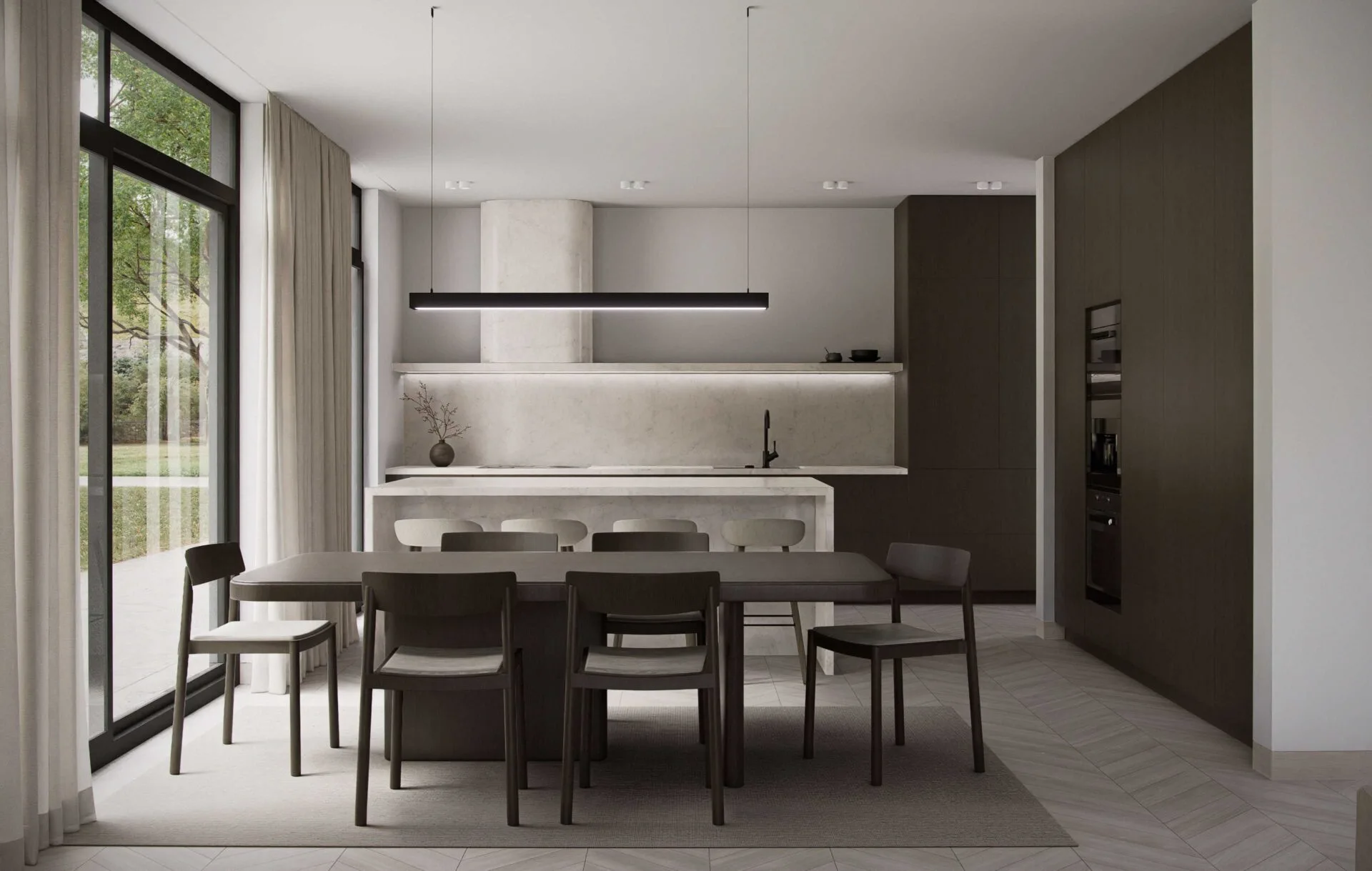 Lumina modern Scandinavian kitchen and dining area with stone island, minimalist cabinetry, and floor-to-ceiling windows in an open-plan layout