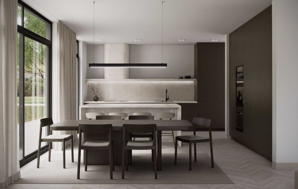 Lumina modern Scandinavian kitchen and dining area with stone island, minimalist cabinetry, and floor-to-ceiling windows in an open-plan layout