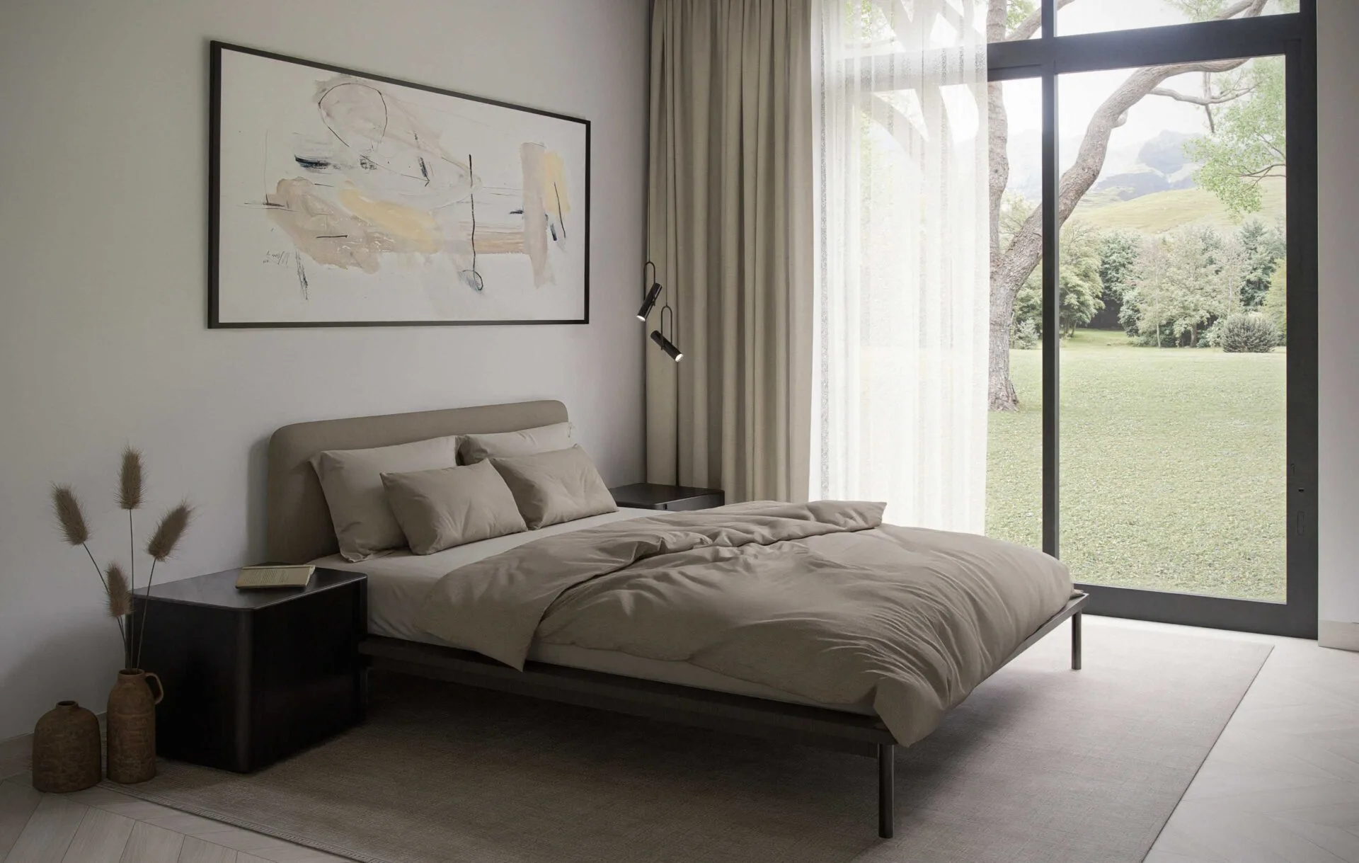 Lumina secondary bedroom with floor-to-ceiling energy-efficient windows, minimalist Scandinavian design, and abundant natural light