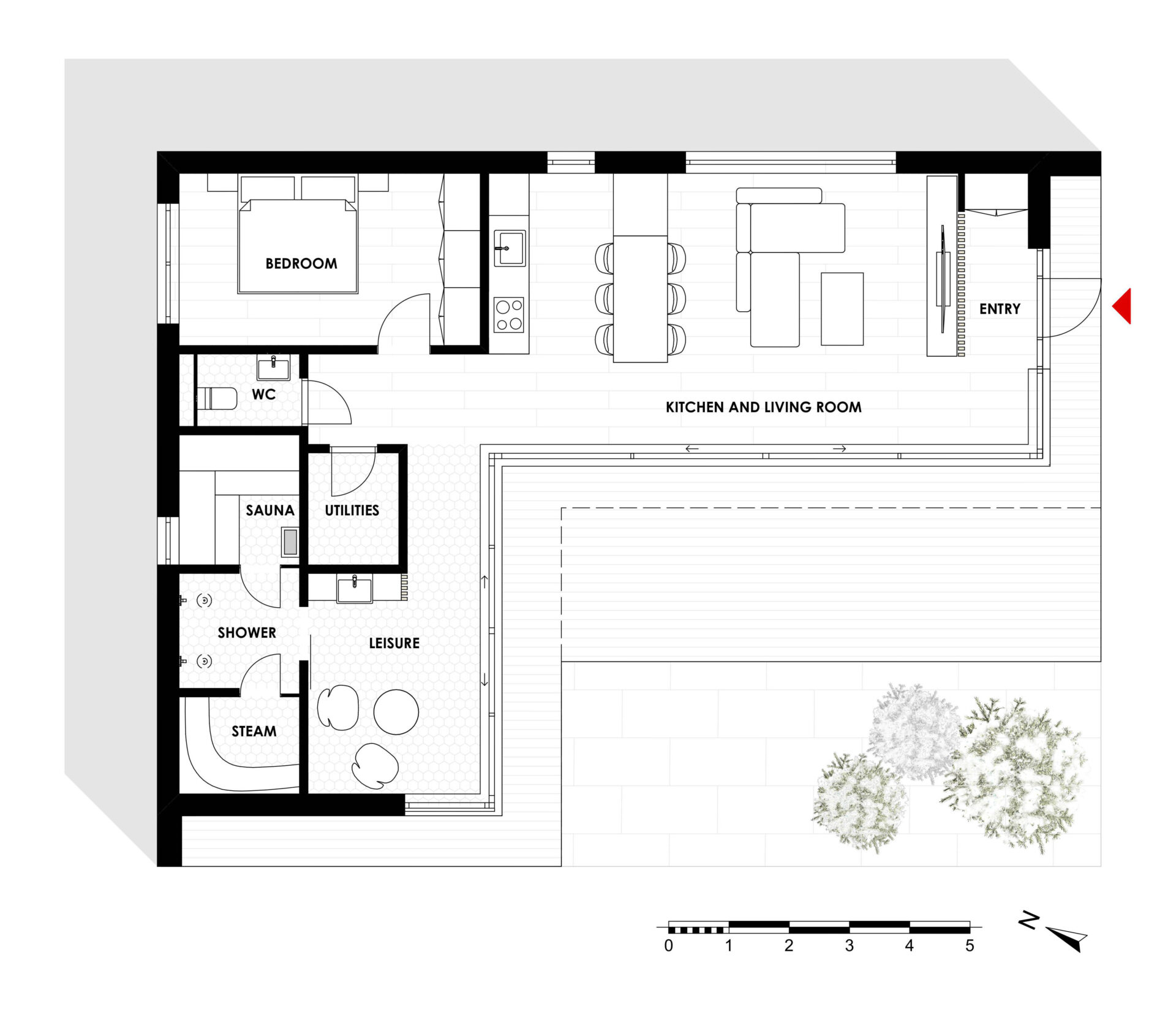 ADU floor plan with open kitchen and living room, a bedroom, a wellness area with sauna, steam room and shower, and a leisure room opening to the terrace.