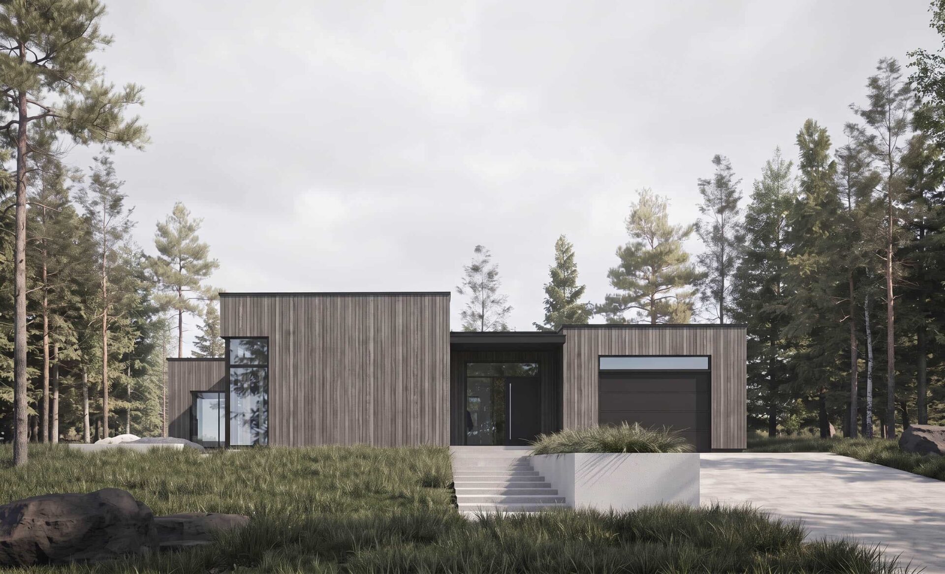3D render of the SOLARIS adaptation: single-story flat-roof volumes clad in dark vertical wood, a tall corner window and a garage door among pine trees.