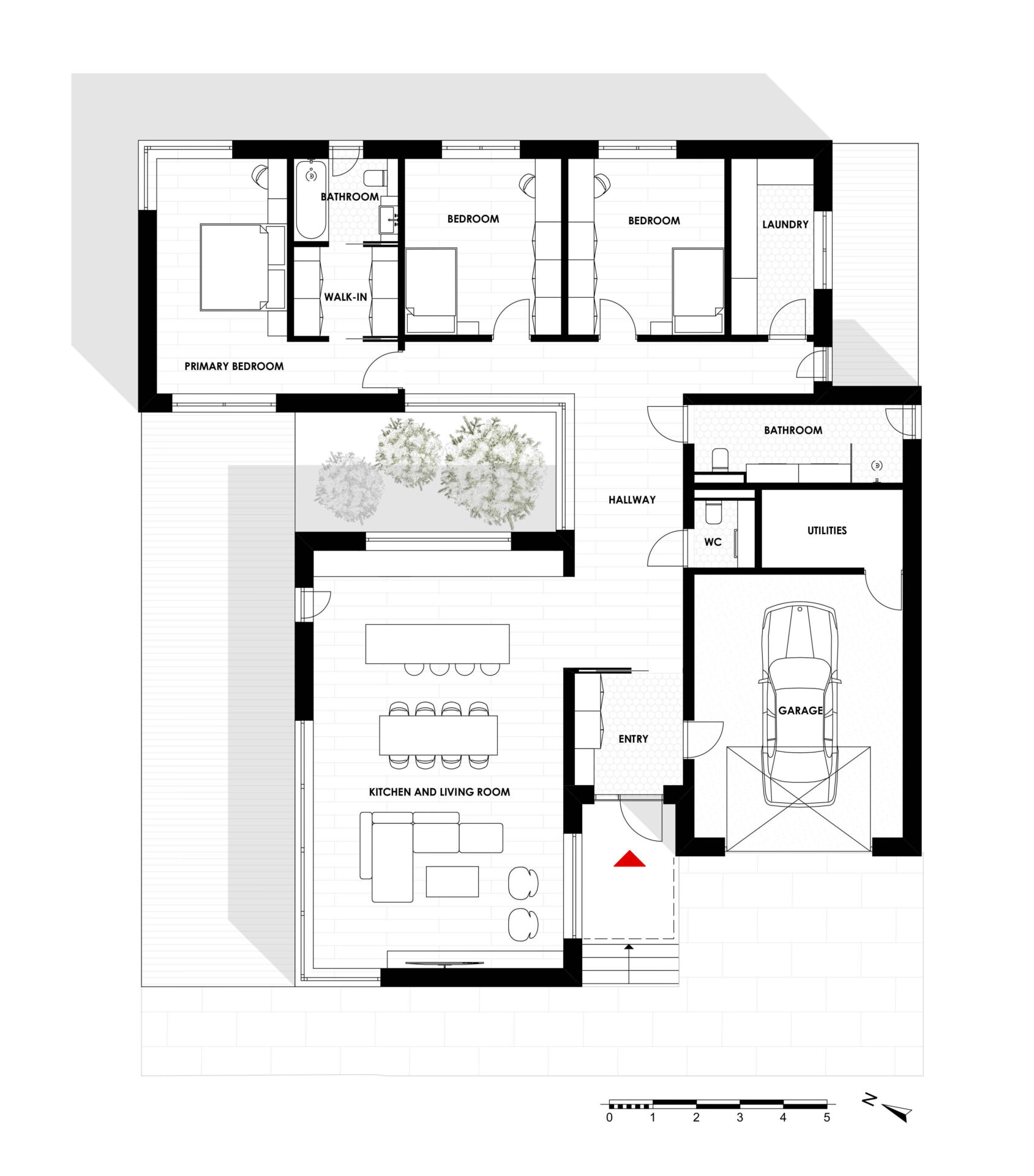 Main house floor plan with entry vestibule, central hallway, open kitchen and living room, single garage and utility room, and a bedroom wing around a small semi-courtyard.
