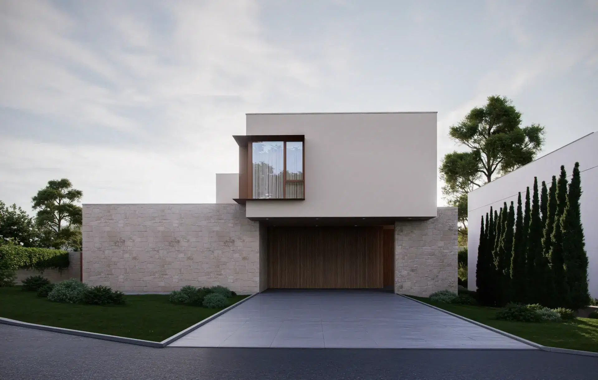 Street-facing facade of a modern Nordic home in Minas Gerais, Brazil, with a stone base, wood window box, and flat roof.