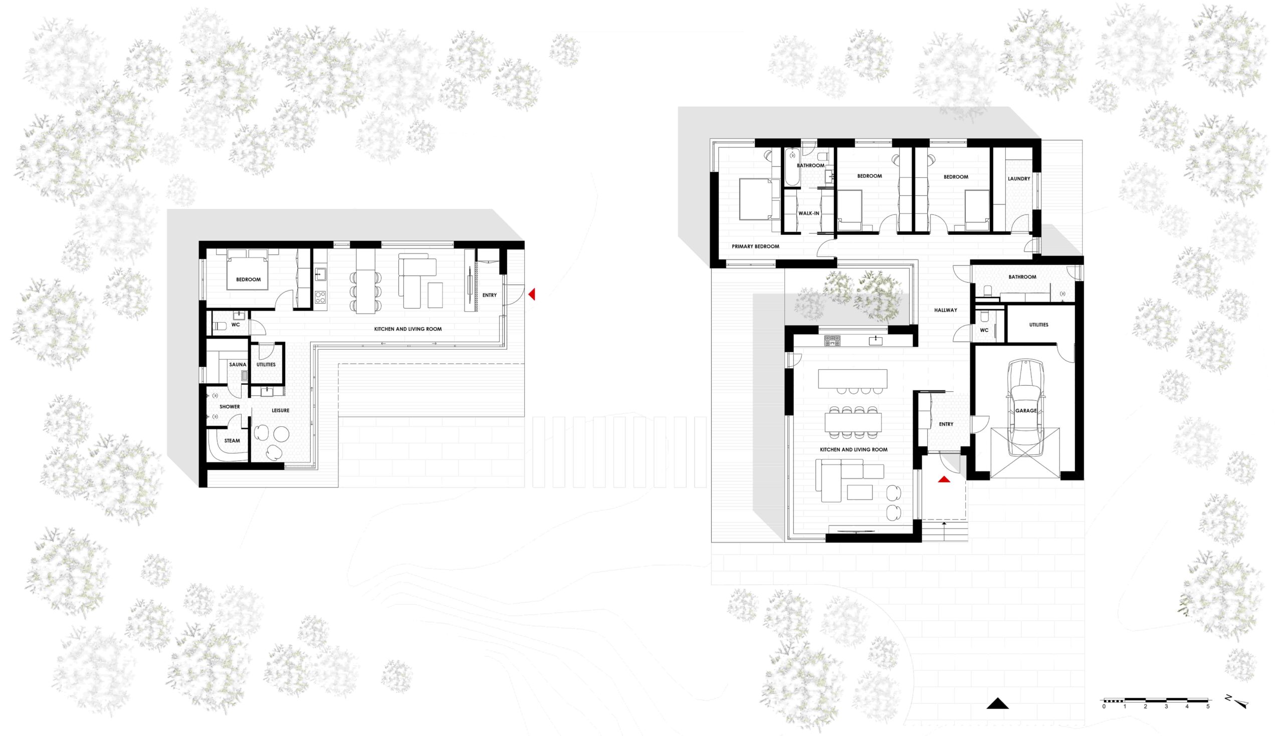 Site plan with the main house and the ADU on opposite sides of a forest clearing, sharing a sunny yard between them.
